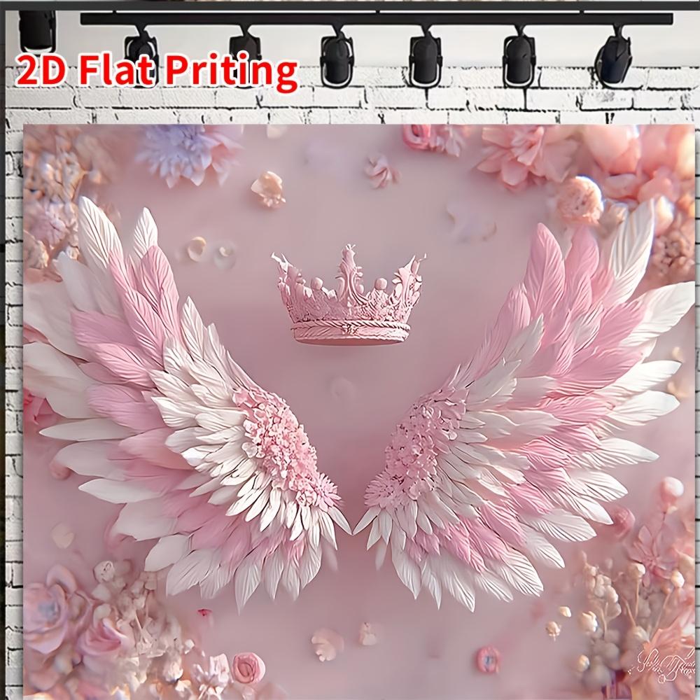 2D Plane Summer New Light Pink Angel Wings Crown Floral Background Fabric Polyester Fabric Birthday Party