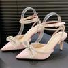 Luxury Rhinestone Bow High Heeled Sandal Women Elegant Summer Dress ankle strap Heels Shoe Sexy Pointed Toe Satin Designer Pumps