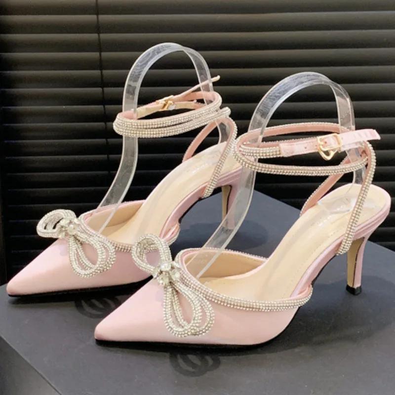 Luxury Rhinestone Bow High Heeled Sandal Women Elegant Summer Dress ankle strap Heels Shoe Sexy Pointed Toe Satin Designer Pumps