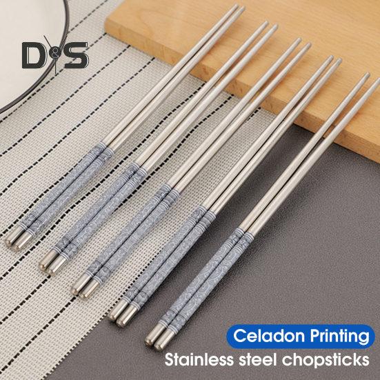 Rostfritt stål 5 par matpinnar porslinsmönster Anti-halk Snygga pinnar för kinesisk mat