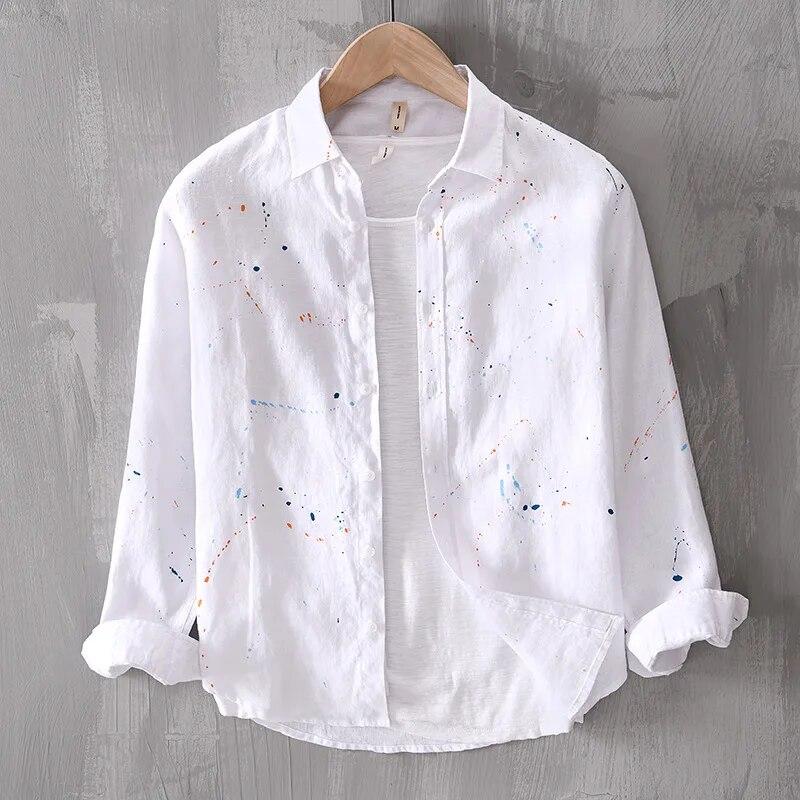 

Чоловіча сорочка з чистого льону Весна Літо Вуличні повсякденні сорочки з довгими рукавами Ручна робота з індивідуальним малюнком Модні чоловічі топи XL білий