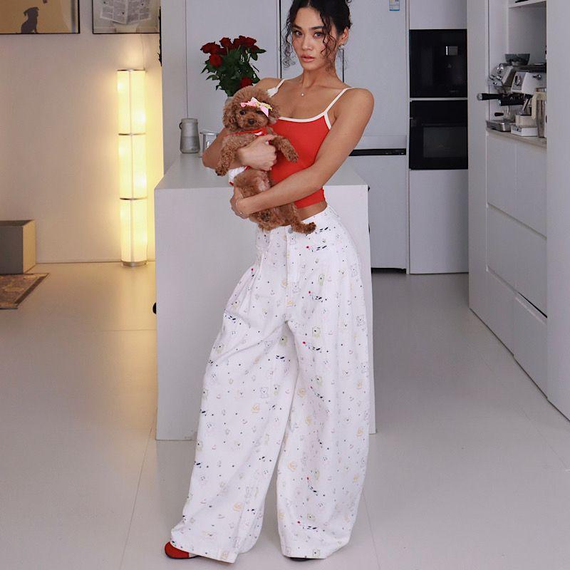 Akiyo Studio Western Style Gyaru Print Casual Straight Pants Women Design Casual Slimming Wide Leg Pants