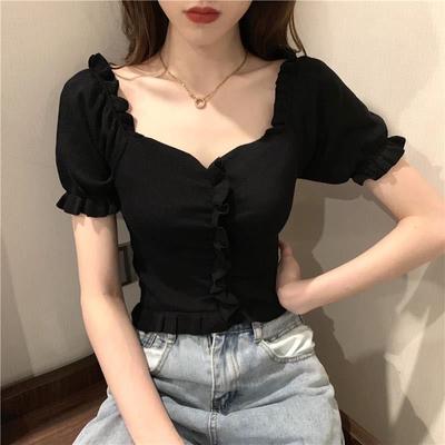 Camiseta de verano de punto de seda helada con mangas abullonadas y cuello en V festoneado para mujer, top corto ajustado de manga corta y elegante