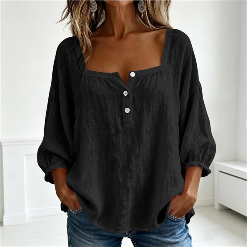 Womens Square Neck Long Sleeve Button Front Loose Fit Blouse Casual Lightweight Pullover Top for Daily Wear