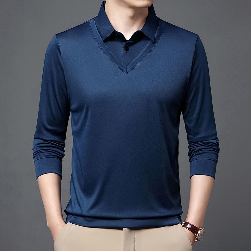 Spring and Autumn New Style Middle-aged Thin Fake Two-piece Men's Lapel Solid Color Long-sleeved T-shirt Men's Loose Top Dad Wear