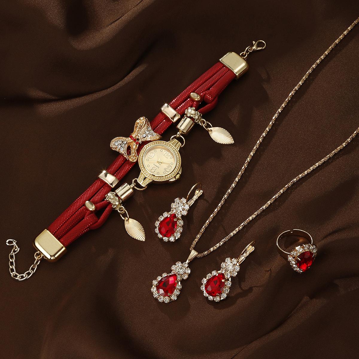 

Женские ретро кварцевые часы со стразами, браслет, серьги, кольцо, аналоговые наручные часы