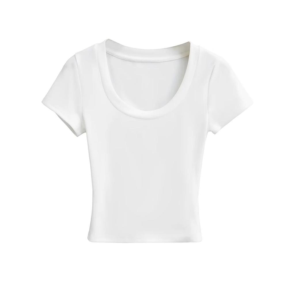 2025 Summer Slim Fit Short Sleeve Crop Top with Wide Round Neck