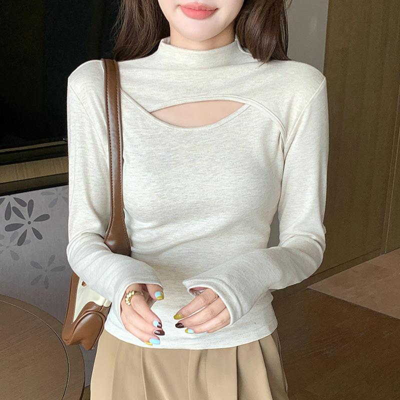 Splicing Hole Digging Autumn and Winter New Careful Machine Base Shirt Women's Half-Turtleneck Cutout Babes Design Sense Long Sleeve Women