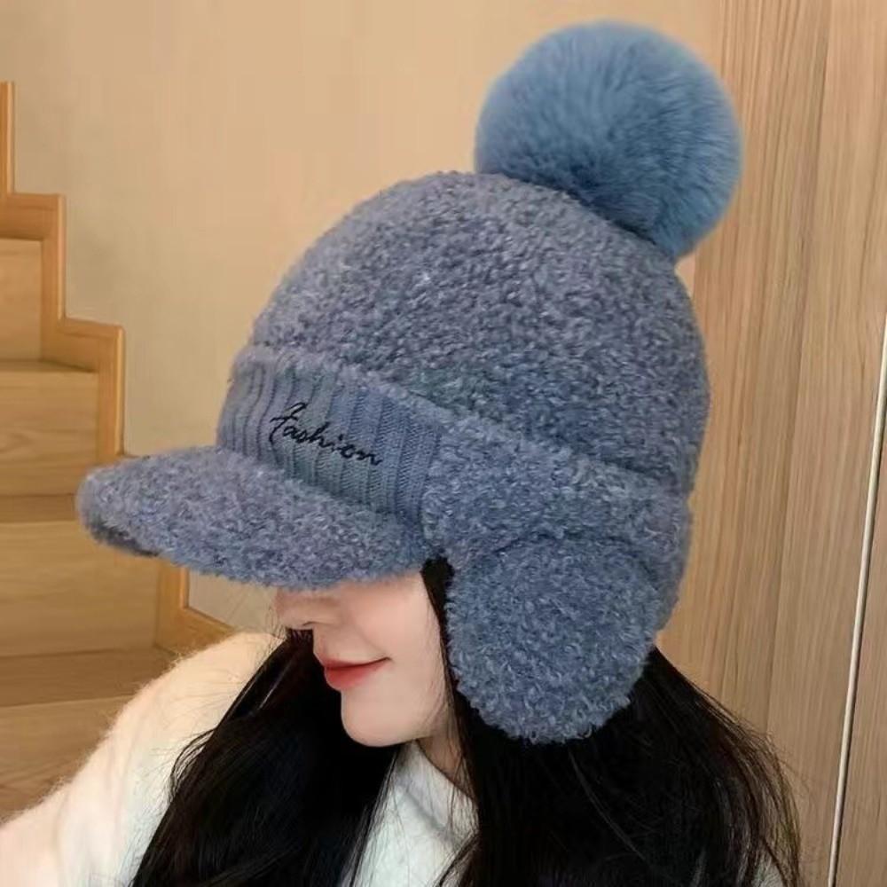 Solid Color Knitted Baseball Cap Windproof Pompom Plush Beanie Warm Earmuffs Cap  Winter