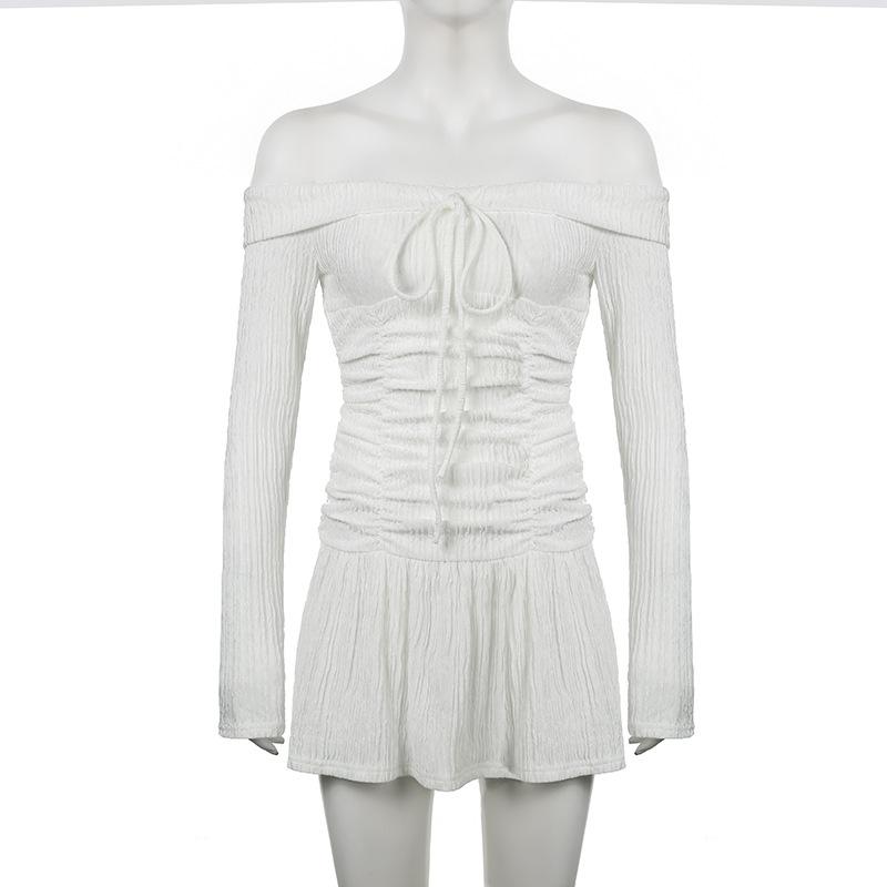 Women's Pure Desire To Pull A Pleated Waist One-line Shoulder Dress Sexy Sweet Spicy Waist Slimming Long Sleeve Low Waist Short Dress