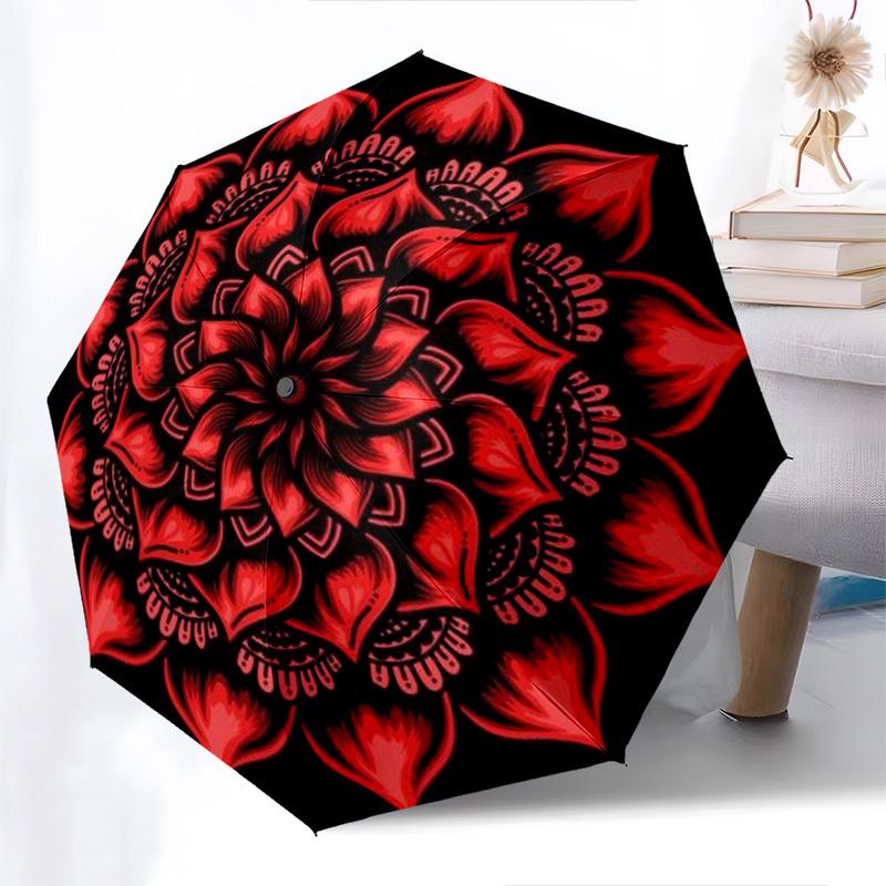 1pc Red, Mandala, Symmetry Umbrella with Plastic Handle,Compact & Stylish,Suitable for All Seasons YS331018