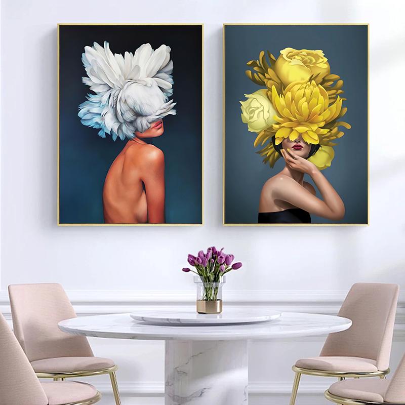 Modern Sexy Woman Flower Head Poster Canvas Painting Abstract Fashion Lady Wall Art for Living Room Decoration Home Cuadros