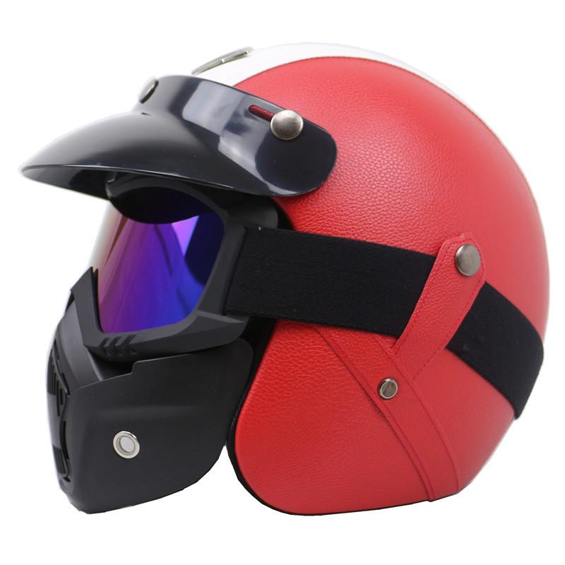 Retro Leather Motorcycle Half Helmet with Visor