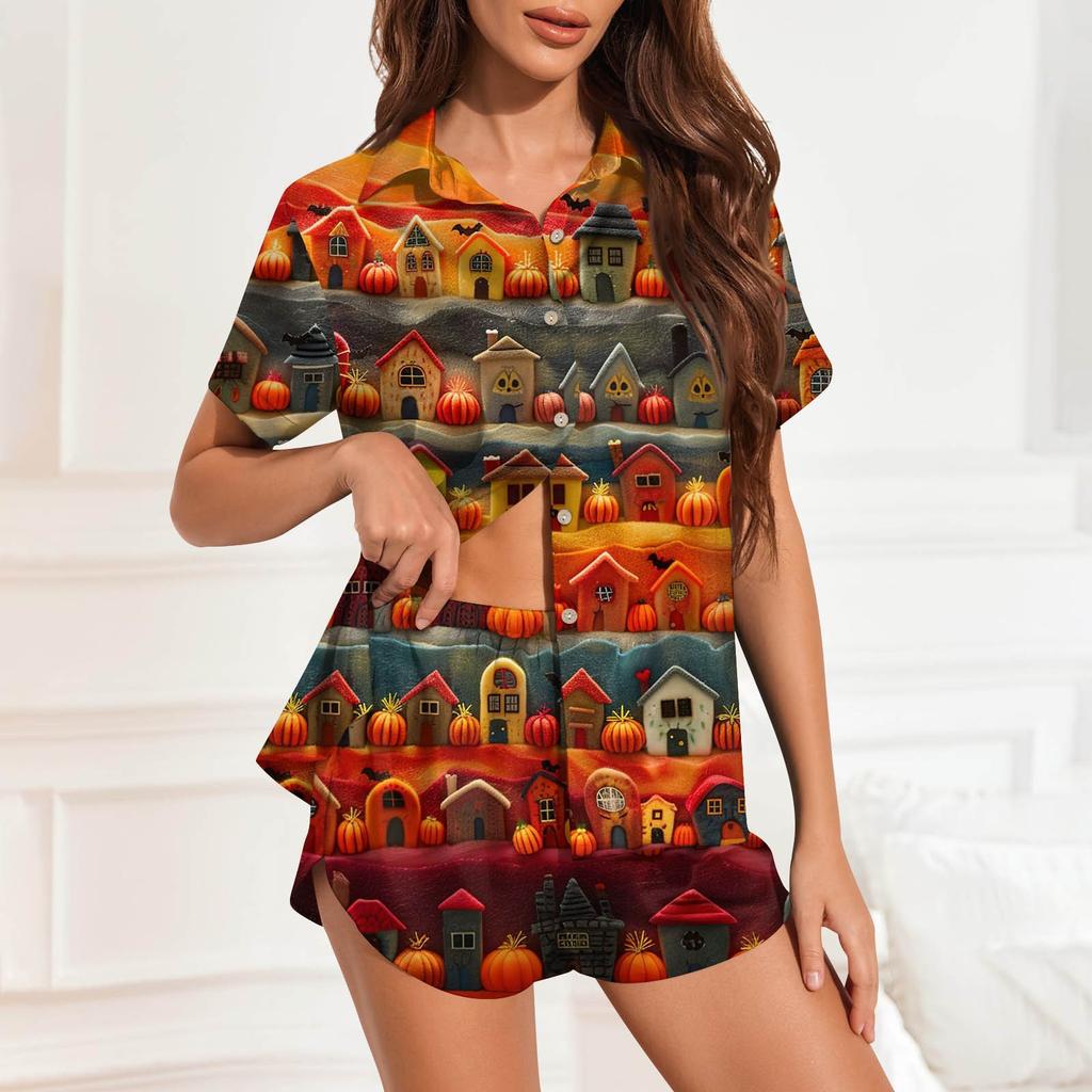 Dam Pyjamas i Issilke Knappar Hemmakläder Halloween Tryckt Kortärmad Satin Pyjamasset