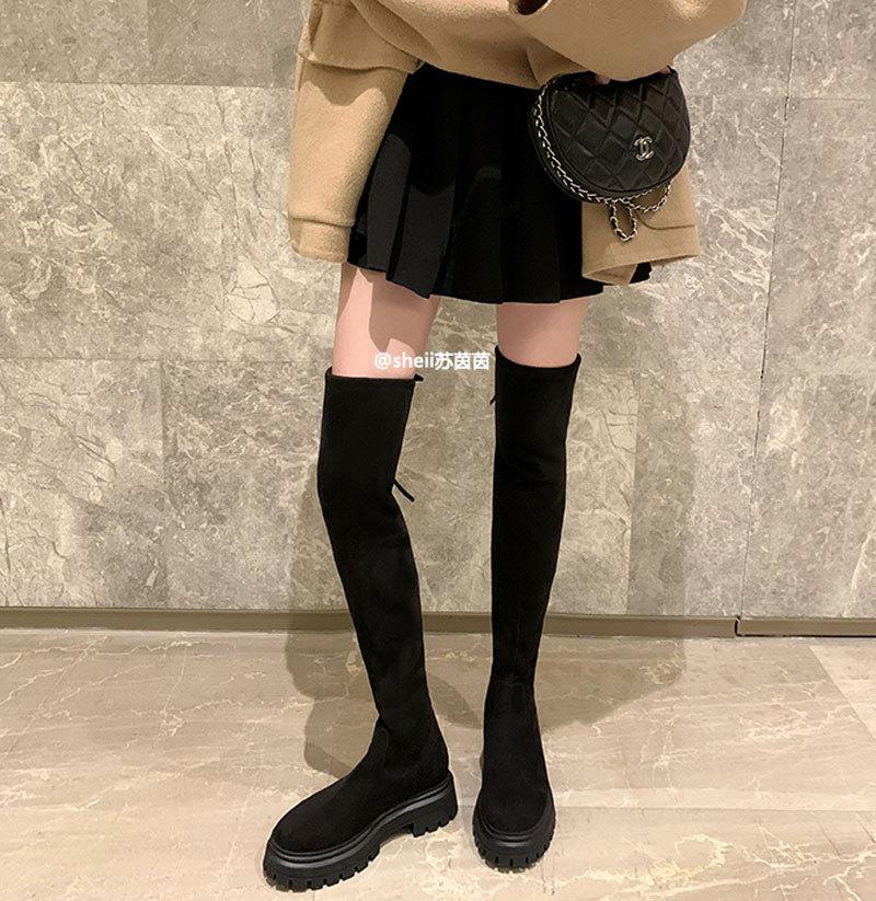 Legs Fine Bi Preparation~ SW Thick High Heel Thick Bottom Round Head Velvet Long Elastic Boots Women's Knee Boots Show Height