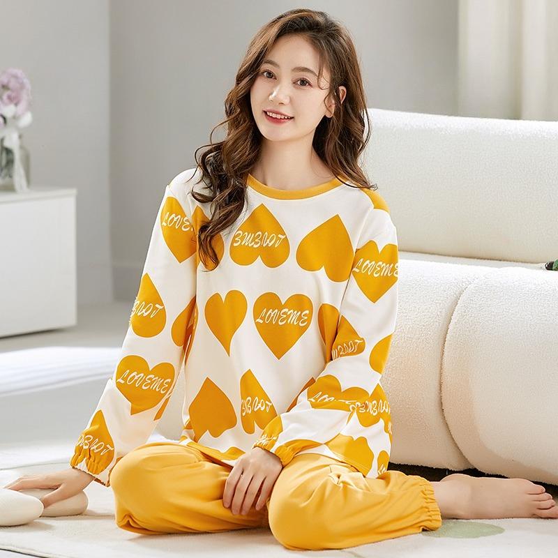 Spring autumn letter Print Pajamas Set with Chest Pad for Women thin cotton Long Sleeve Tops and Pants Sleepwear Female Homewear