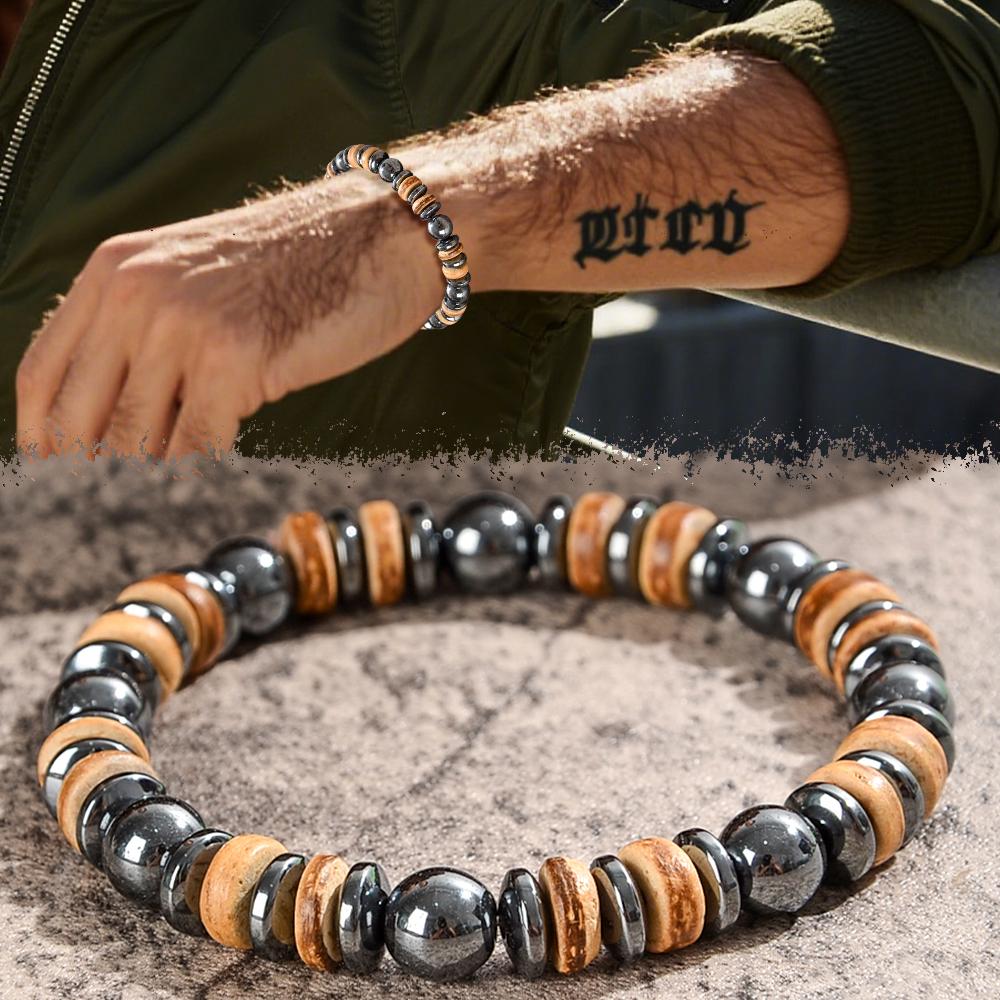 Men's Lava and Wood Bead Bracelet, Embellished with Hematite, Natural Stone Jewelry That Combines Energy,suitable for Daily Wear
