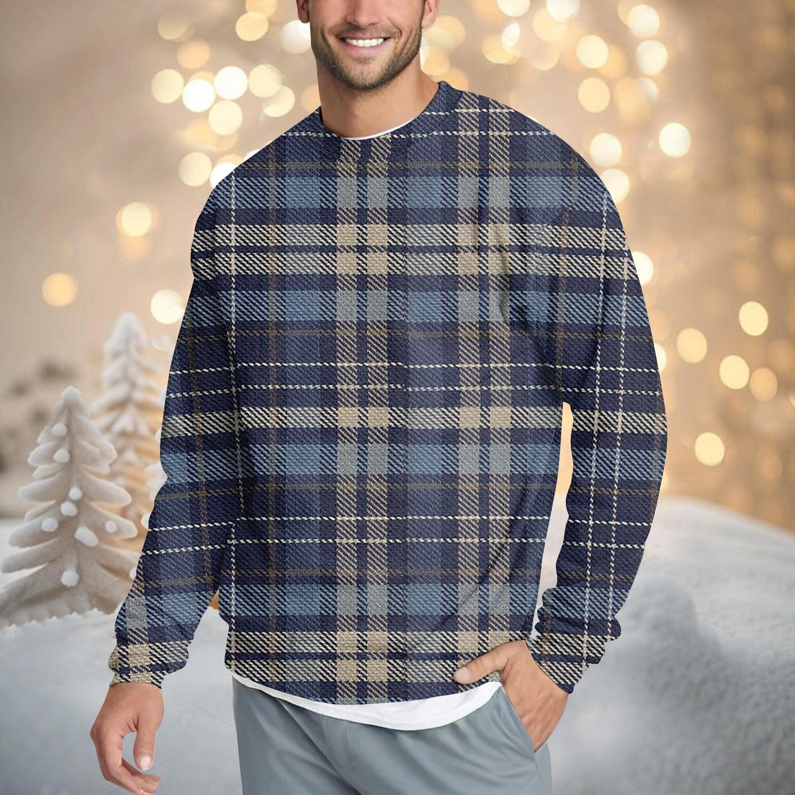 

Мужская повседневная мода удобная клетчатая круглая горловина пуловер толстовка свитшот L темно-синий