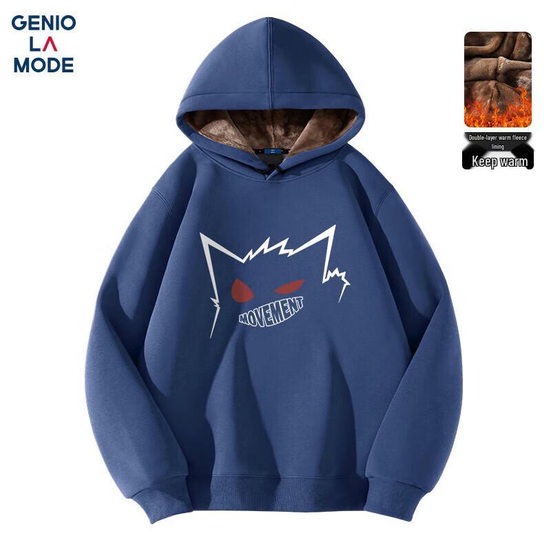 GENIOLAMODE Herren Plüschgefütterter Kapuzenpullover mit Cartoon-Print