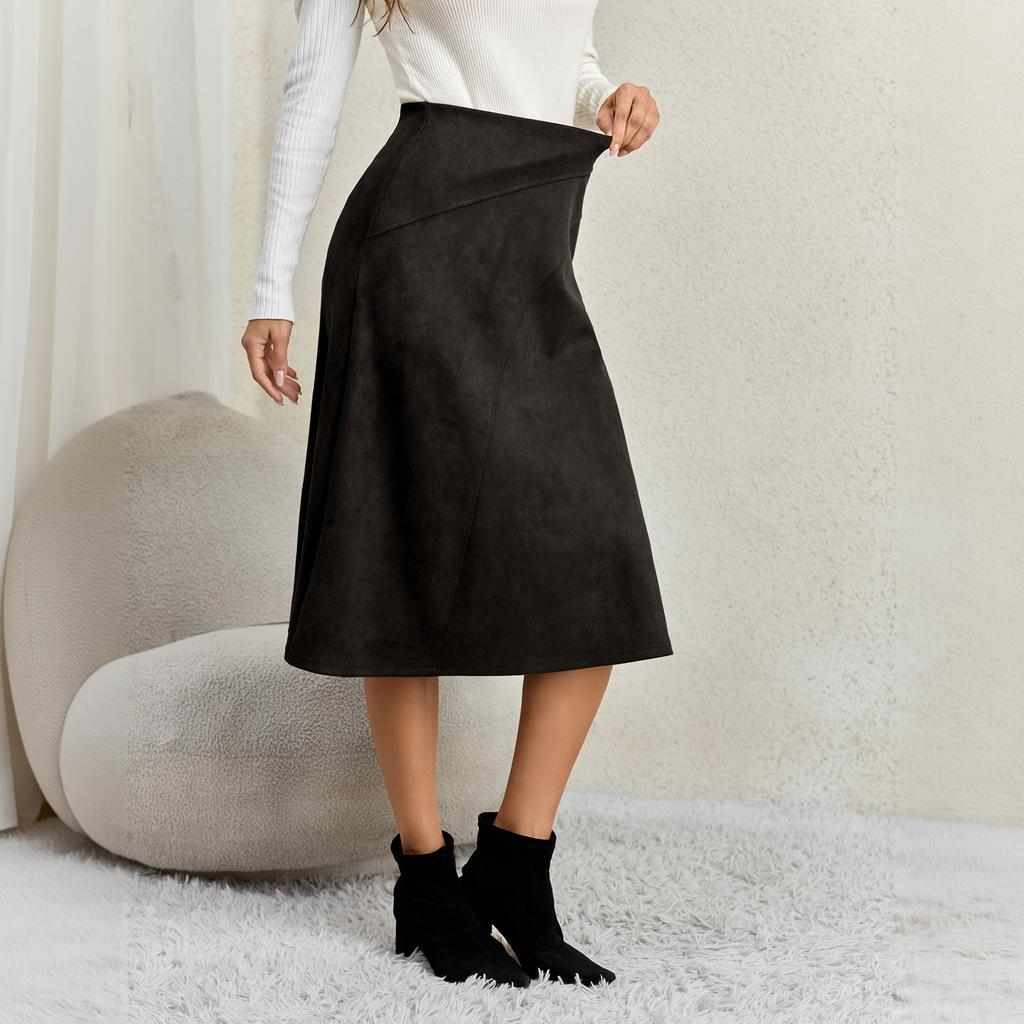 Women's Patchwork A-Line Midi Skirt with High Waist Elastic Waistband and Zipper