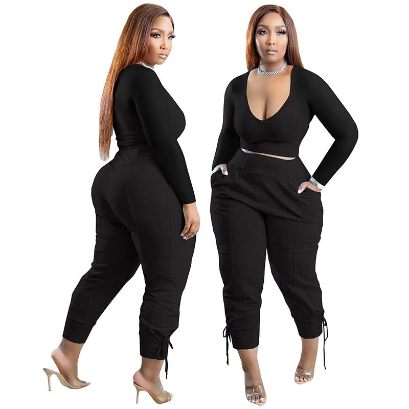 European & American Plus Size V-Neck Solid Color Casual Two-Piece Legging Suit for Women