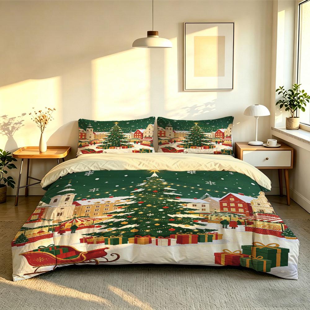 Christmas Duvet Cover Set 3Pcs Snowy Town Xmas Tree Sleigh Gift Print Soft Microfiber Bedding with Pillowcases