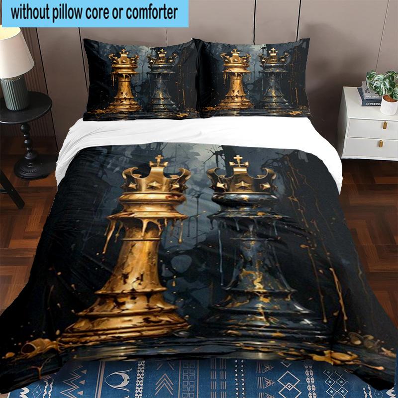 Golden Chess King On Black 3pcs Bedding,Including 1pc Duvet Cover And 2pcs Pillowcases Perfect for Christmas,Ideal for Bedroom, Dormitory