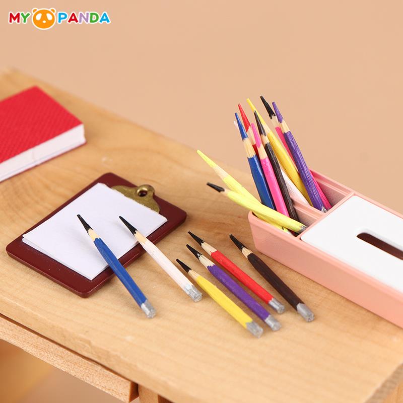 8Pcs 1:12 Dollhouse Miniature Pen Mini Colored Pencil School Supplies Model Doll House Decoration Accessories Kid Pretend Play Toy