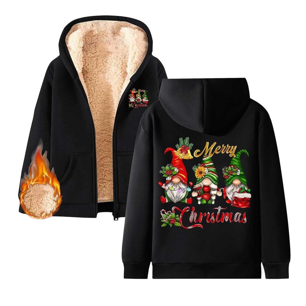 Women's Hooded Plush And Thick Warm Printed Loose Cardigan Jacket