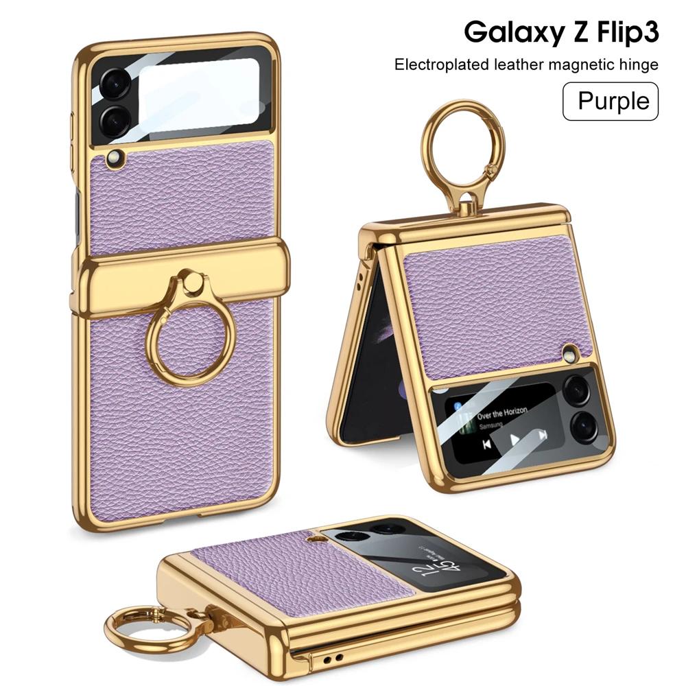 Pro Samsung Galaxy Z Flip 3 4 5 6 Pouzdro Ultratenká Ochrana Obrazovky Coque Fundas Luxusní Kůže s Kroužkem Pokovení Magnetický Kryt