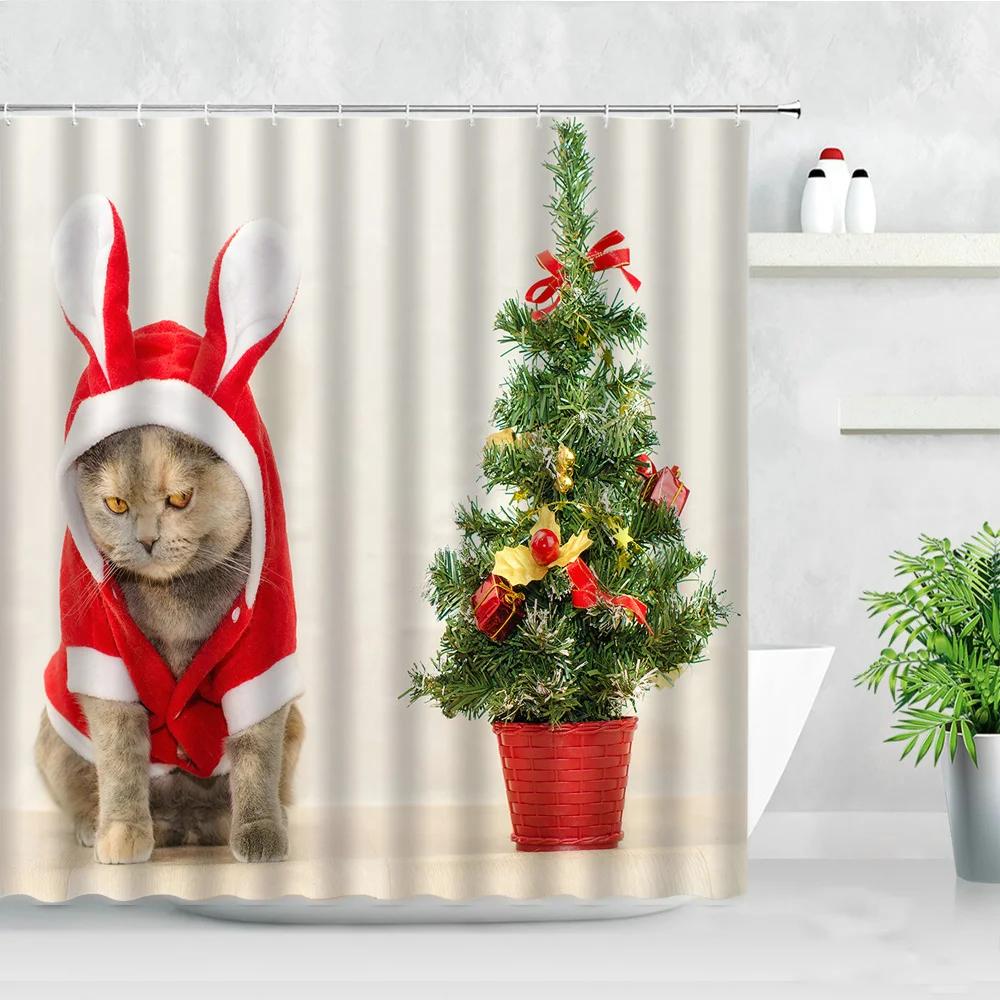 Funny Animal Christmas Dog Shower Curtains Chic Cute Pet New Year Xmas Bath Curtain With Hooks Waterproof Fabric Bathroom Decor