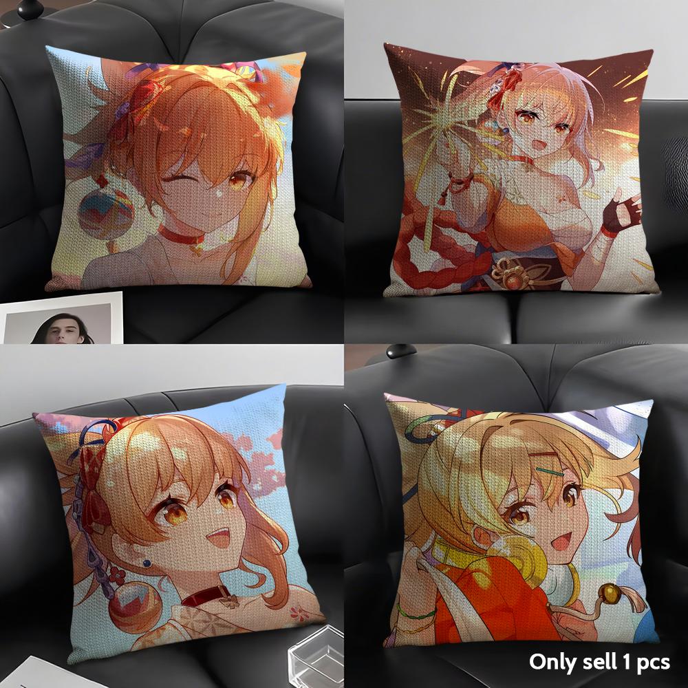 Yoimiya Genshin Impact Cute Cushion Cover Natural Linen Organic Fabric Double-Sided Printing Sofa Home Decor Gift Pillow Case