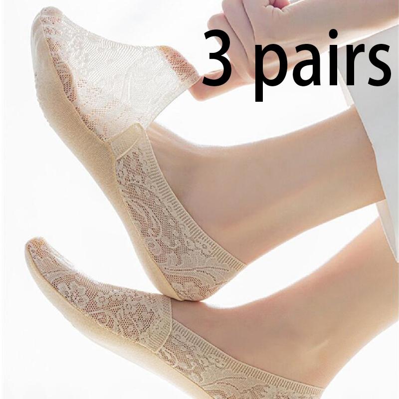 3 Paar Damen Mädchen Sommer Dünn Atmungsaktiv Silikon Rutschfest Damen Socken Spitze Blume Kurze Socke Antirutsch Unsichtbar Knöchelsocken
