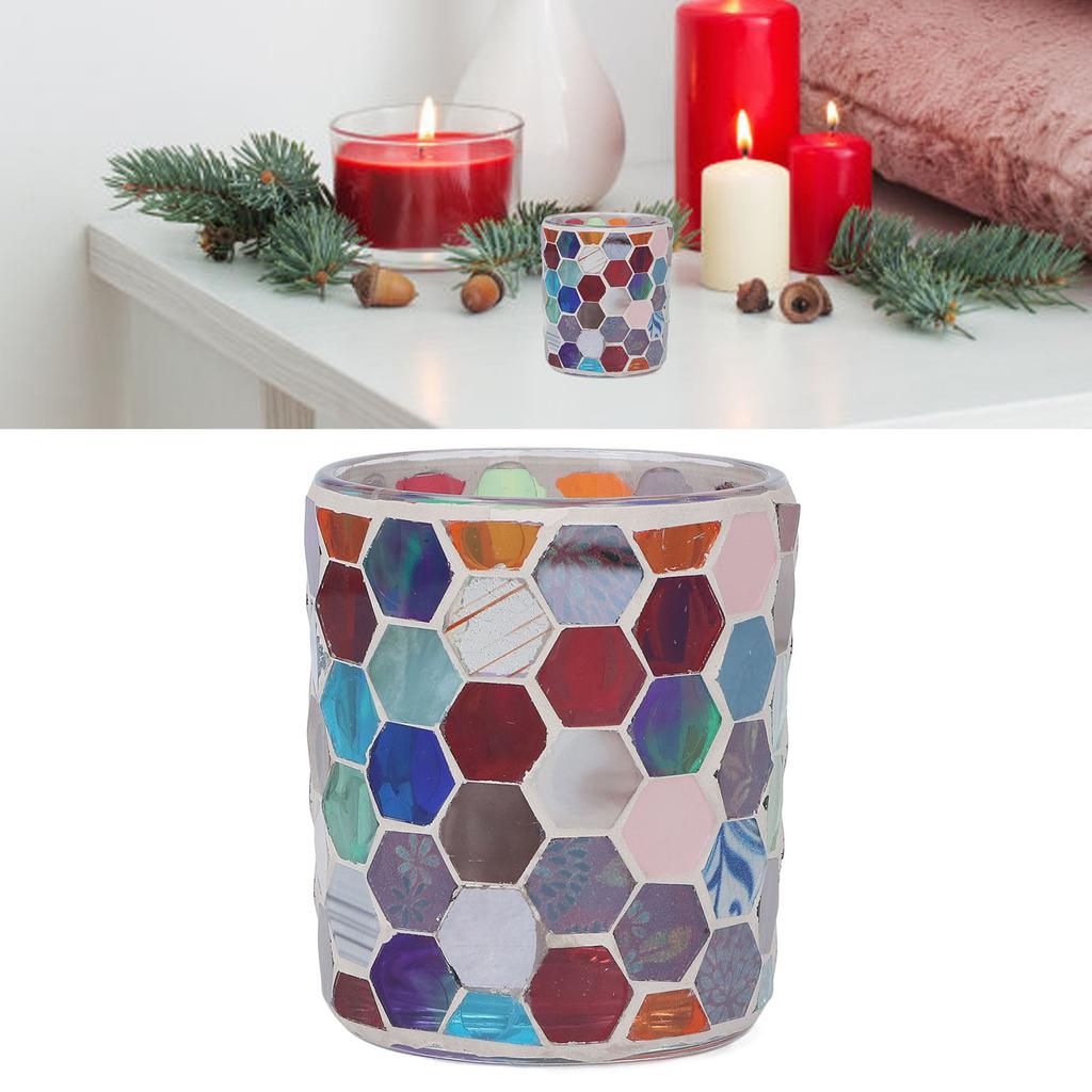 Handcrafted Mosaic Glass Candle Holder Hexagonal Candle Vase Candlestick Holder with Colored Glass Shards for Table Decor Wedding Party