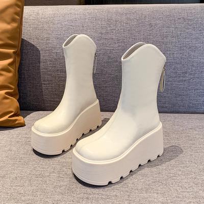 Botas de moto con plataforma gruesa estilo punk de 9 cm para mujer, botines de combate antideslizantes con suela gruesa, de cuero blanco y negro