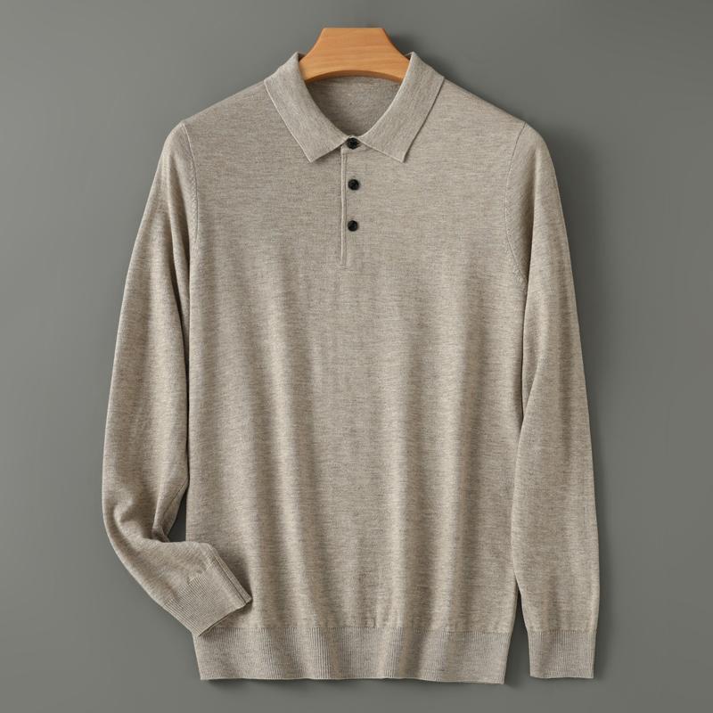 High Quality Worsted Spun Collar Wool Sweater Men's Spring and Autumn Business Polo Sweater Thin Long Sleeved Knitted T-Shirt