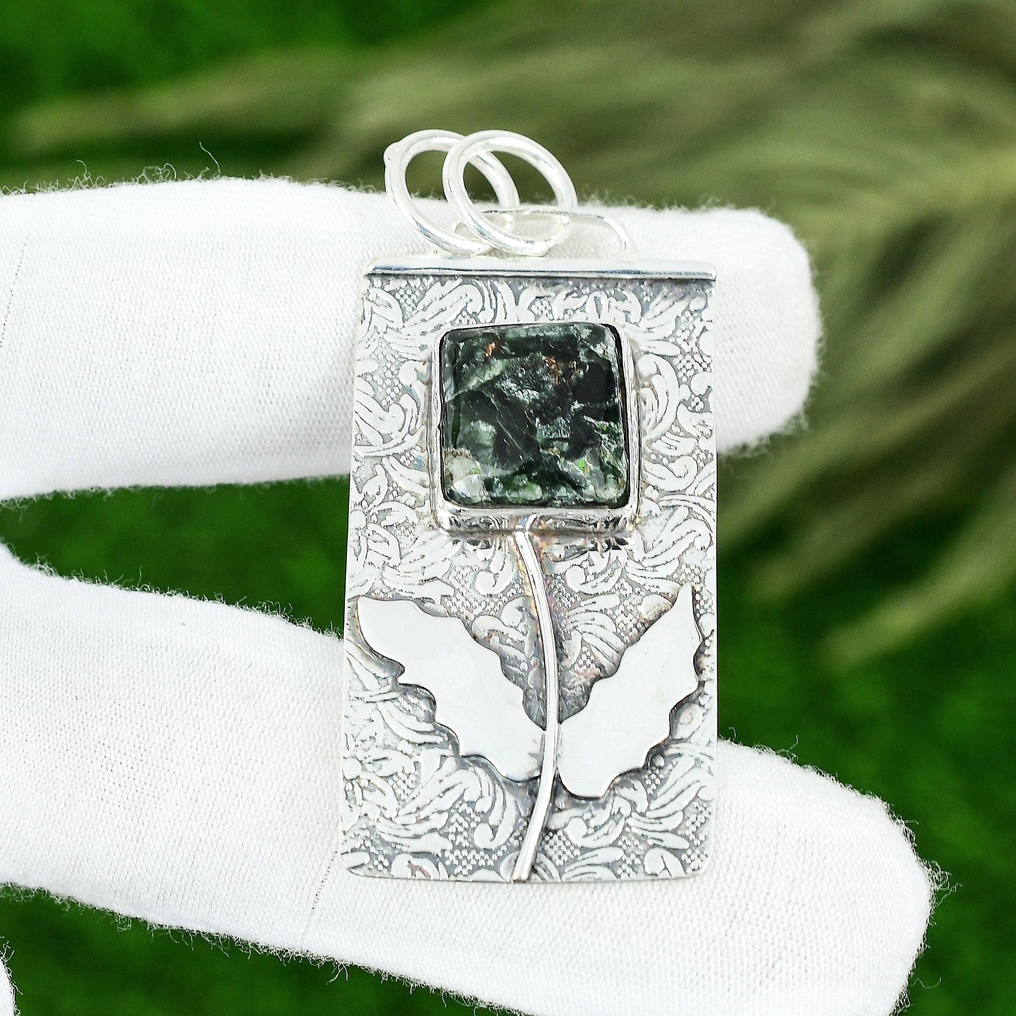 Сделка ко Дню памяти Камень Серафинит Мать Бохо Подвеска Ювелирные изделия Стерлинговое серебро