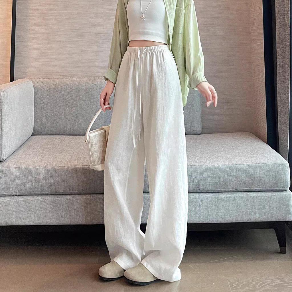 Women's Summer Linen Wide-Leg Pants - Casual Loose Fit, Breathable Straight Drape, Lazy Style, Yamamoto Inspired