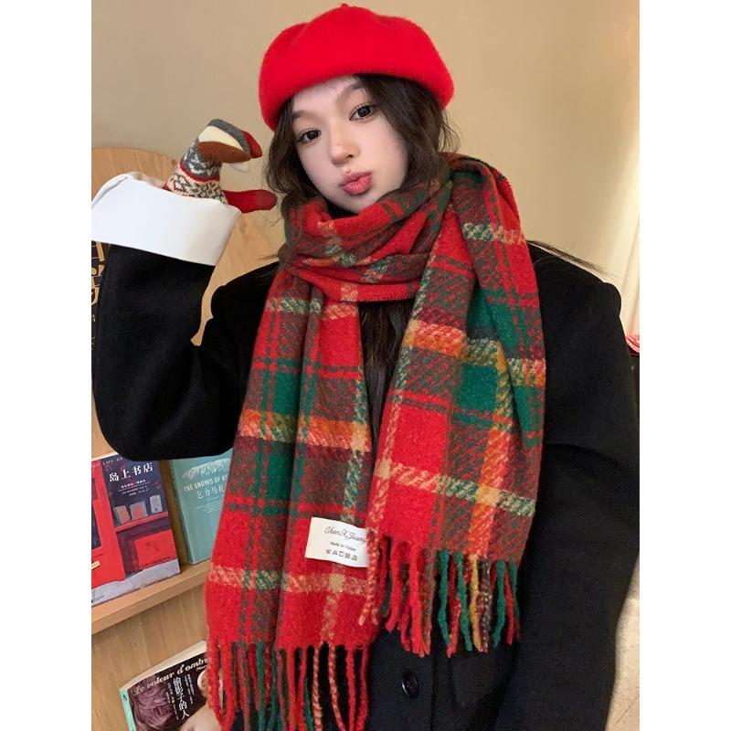 Scarf women's winter new plaid Christmas red student versatile warm thickened scarf shawl advanced sense