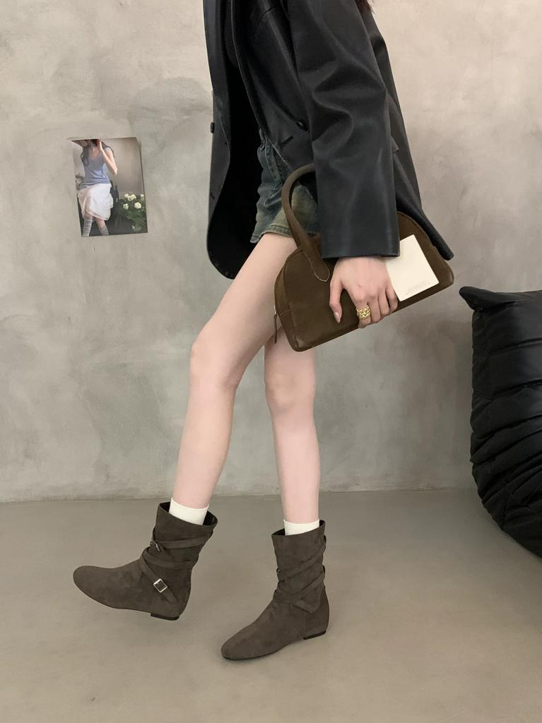Vintage Pleated Pile Boots Women's Autumn New Belt Buckle Western Cowboy Boots Slim Short Martin Boots