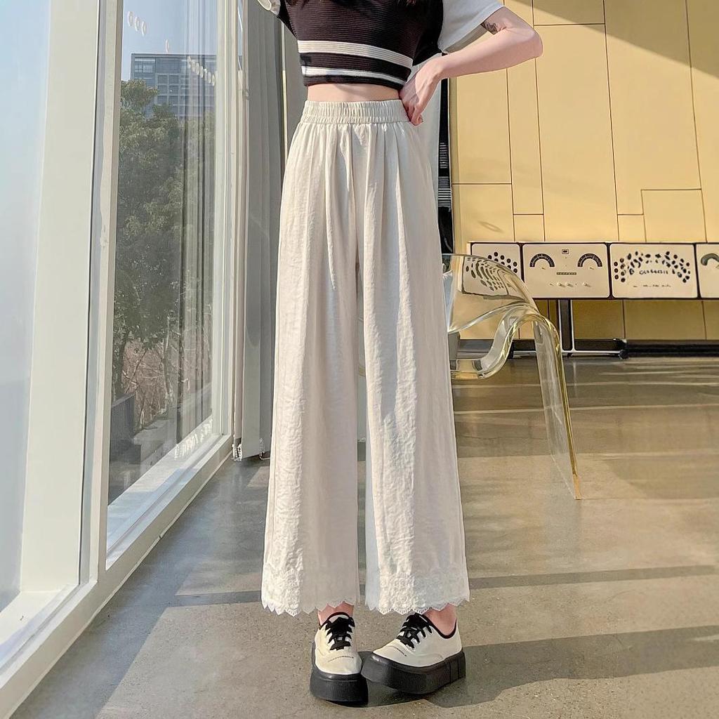2025 Summer Retro Women’s Petite High-Waisted Wide-Leg Lace-Edged Pants