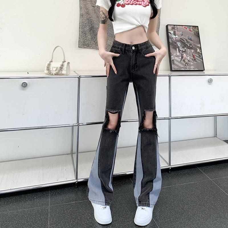 

Summer Style High-Waisted Ripped Micro-Flare Jeans for Women - Washed Patchwork Color Block Long Pants 2XL