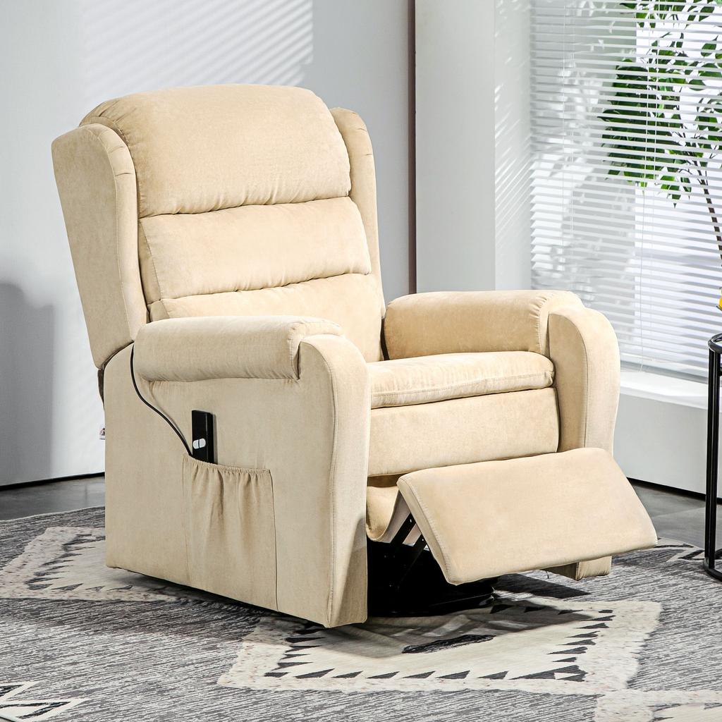 Riser Recliner Armchair Reclining To 160 Degrees with Footrest and Remote Control, In Velvet, 85x88x109 Cm, Cream