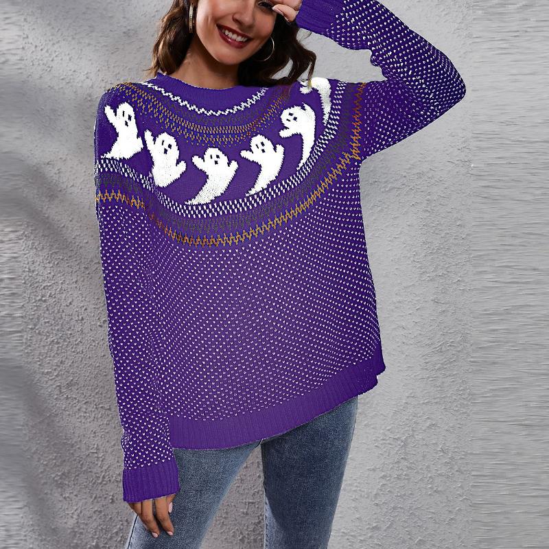 

Призрак Хэллоуина Ретро горошек длинный рукав вязаный свитер женский свободный осень и зима женская одежда XXL фиолетовый