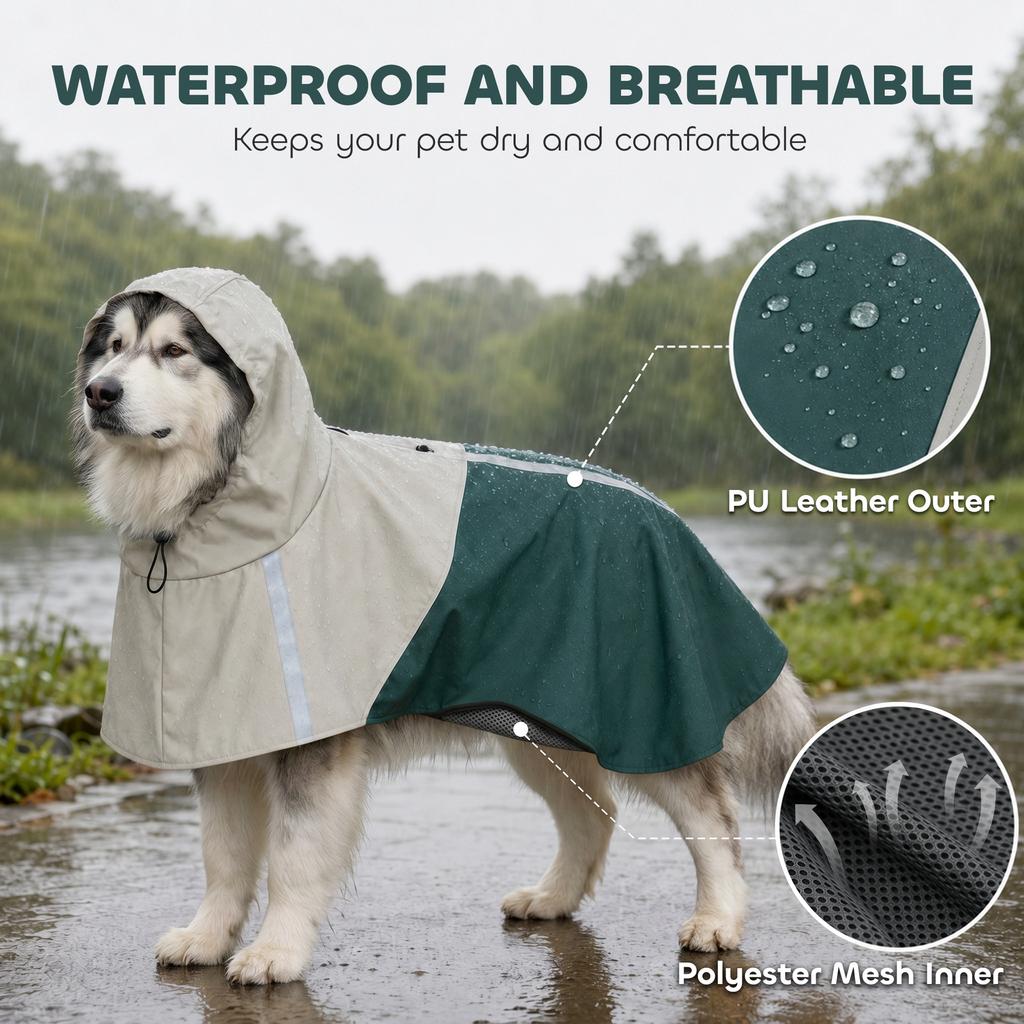 Dog Raincoat with Hood for Extra Large Dogs 30-40 KG, Green, XL