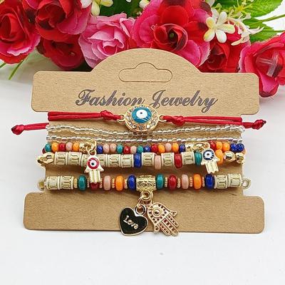 6 Stück Fatima Hand Böser Blick Armband Set für Frauen Herzanhänger Perlen Seilkette Armreif Weiblich Böhmischer Handgefertigter Schmuck