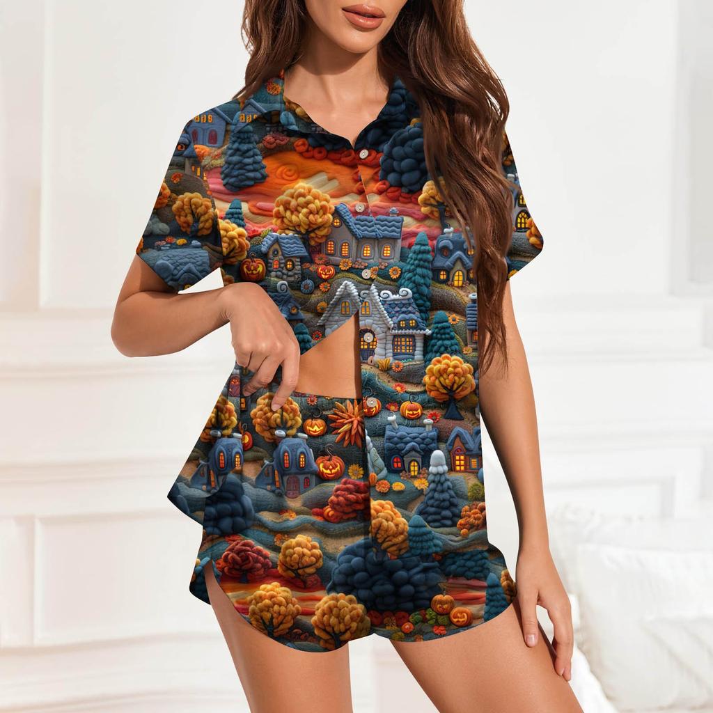 Women's Ice Silk Pajamas Button Home Clothes Halloween Printed Short Sleeve Satin Pajama Set