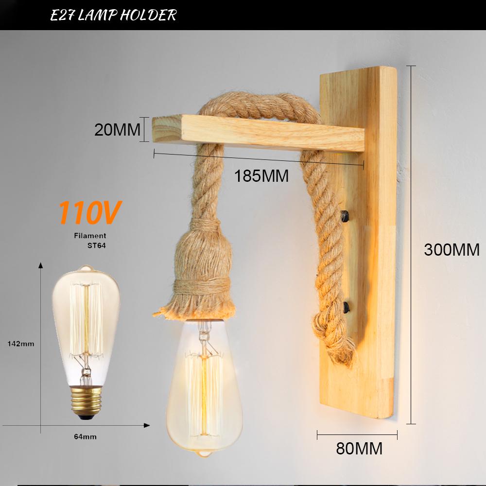 Vintage Hemp Rope Wood Wall Lamp AC110V 220V Retro Bedside Sconce Wall Light Bedroom Hallway Room For Home Decor Indoor