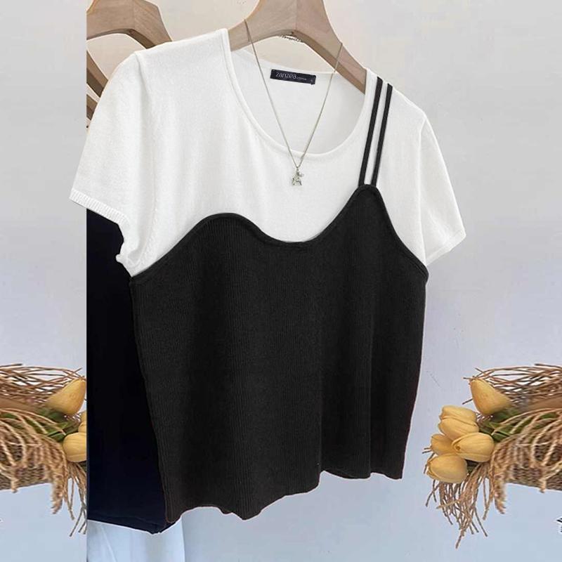 

ZANZEA Женские повседневные поддельные двухсекционные футболки с коротким рукавом в стиле пэчворк M чёрный