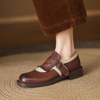 Fashion 2025 New Spring Retro Round Toe Leather Mid-heel Shoes for Women Retro High Heel Street Fashion Casual Shoes Pumps Women Shoes